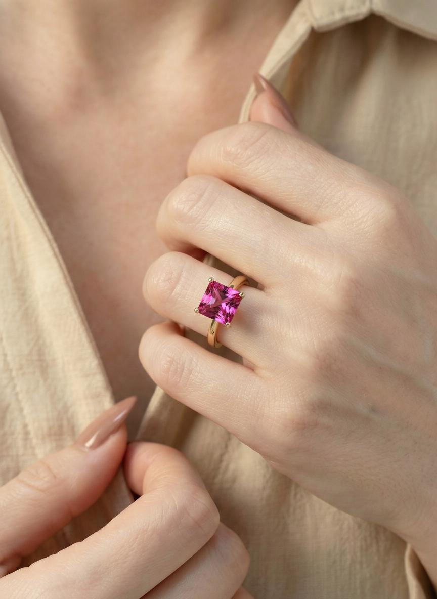 Pink Tourmaline Engagement  Ring Princess Cut Solitaire Ring 4ct Statement Ring October Birthstone Jewelry