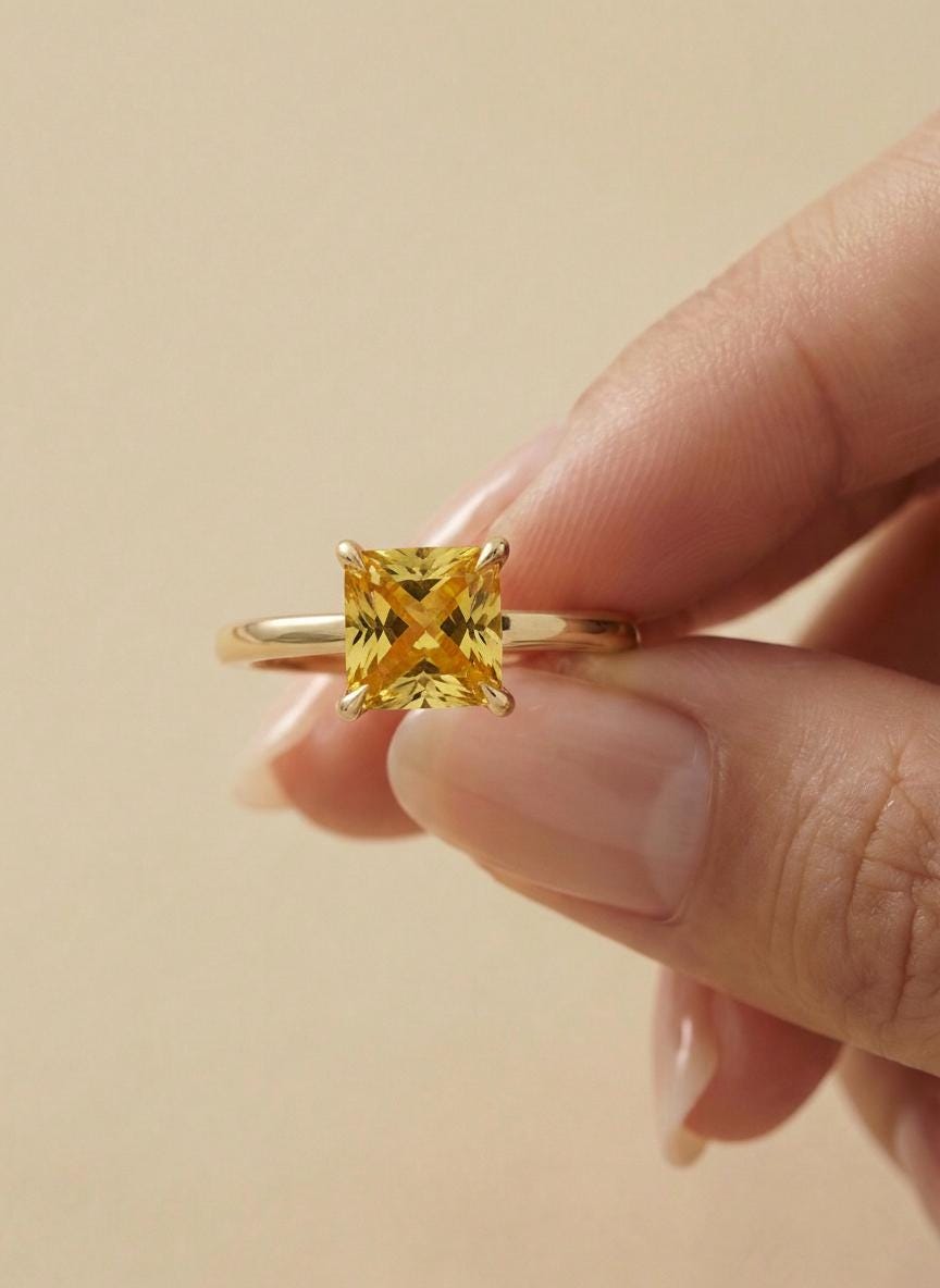 Princess Cut Citrine Engagement Ring, November Birthstone Solitaire Ring, Dainty Yellow Gemstone Promise Ring, Bridal Jewelry