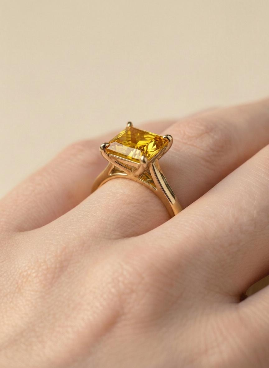 Princess Cut Citrine Engagement Ring, November Birthstone Solitaire Ring, Dainty Yellow Gemstone Promise Ring, Bridal Jewelry