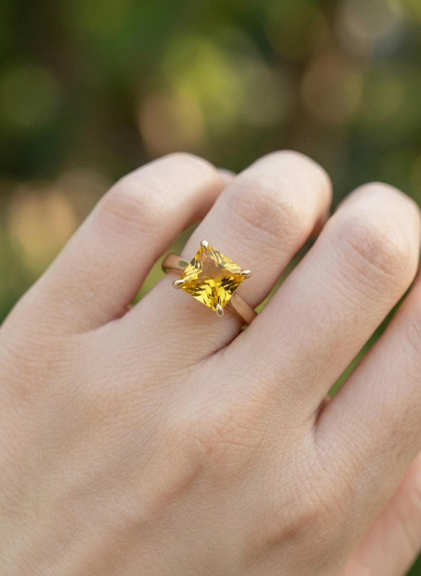 Princess Cut Citrine Engagement Ring, November Birthstone Solitaire Ring, Dainty Yellow Gemstone Promise Ring, Bridal Jewelry