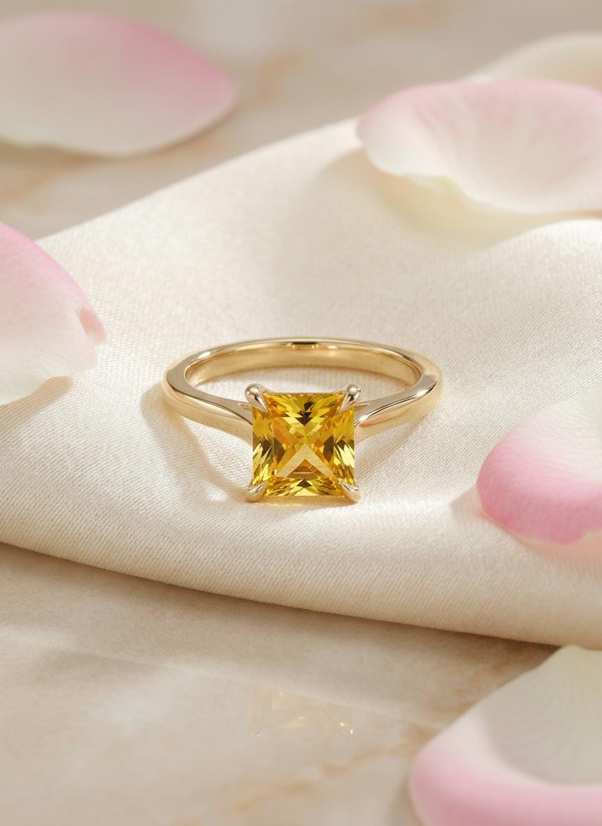 Princess Cut Citrine Engagement Ring, November Birthstone Solitaire Ring, Dainty Yellow Gemstone Promise Ring, Bridal Jewelry