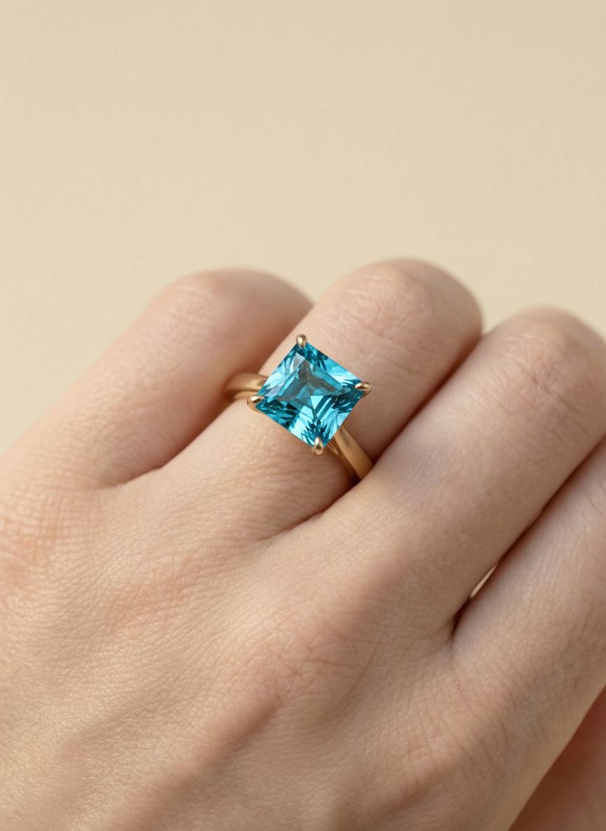 Blue Zircon Engagement Ring Princess Cut Solitaire December Birthstone Ring Minimalist Bridal Jewelry Custom Band