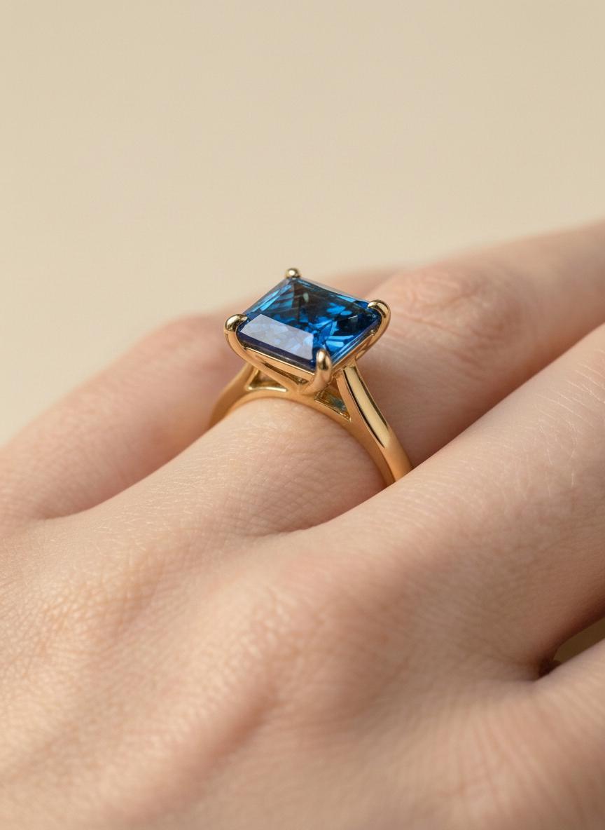 Blue Zircon Engagement Ring Princess Cut Solitaire December Birthstone Ring Minimalist Bridal Jewelry Custom Band