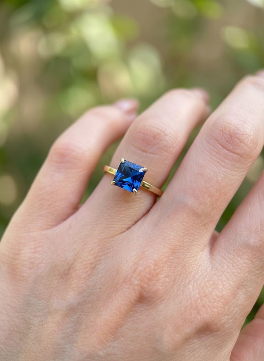 Blue Zircon Engagement Ring Princess Cut Solitaire December Birthstone Ring Minimalist Bridal Jewelry Custom Band