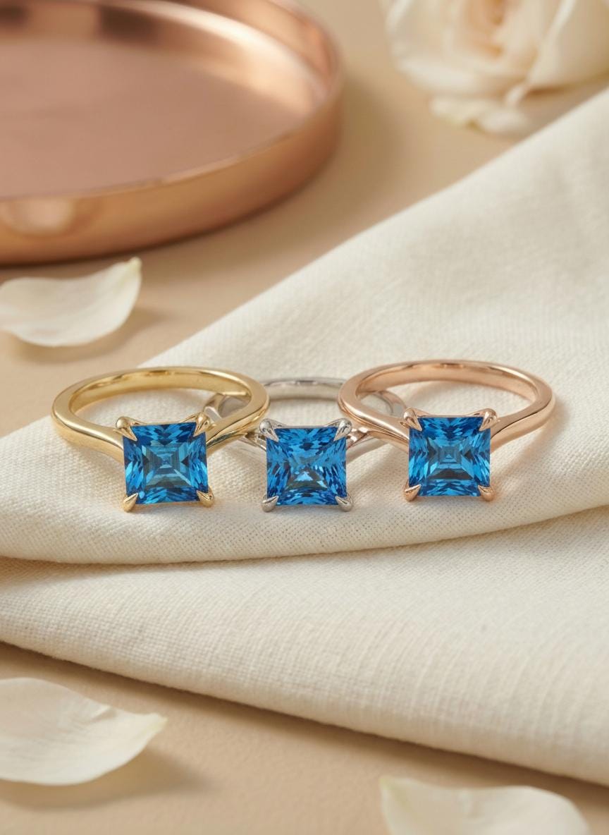 Blue Zircon Engagement Ring Princess Cut Solitaire December Birthstone Ring Minimalist Bridal Jewelry Custom Band