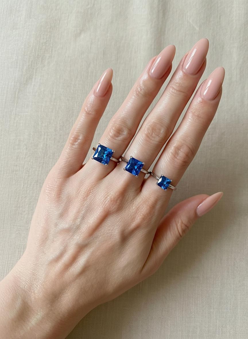 Blue Zircon Engagement Ring Princess Cut Solitaire December Birthstone Ring Minimalist Bridal Jewelry Custom Band