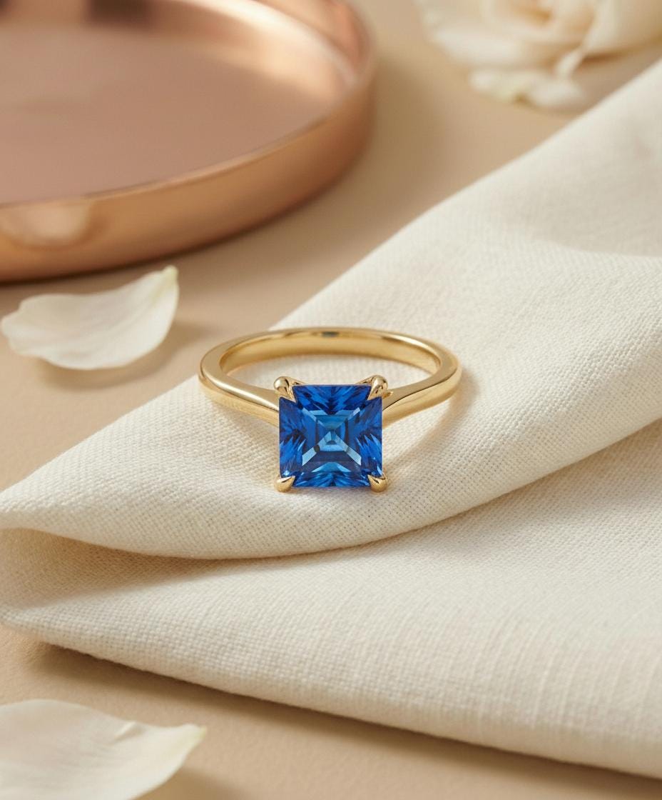 Blue Zircon Engagement Ring Princess Cut Solitaire December Birthstone Ring Minimalist Bridal Jewelry Custom Band