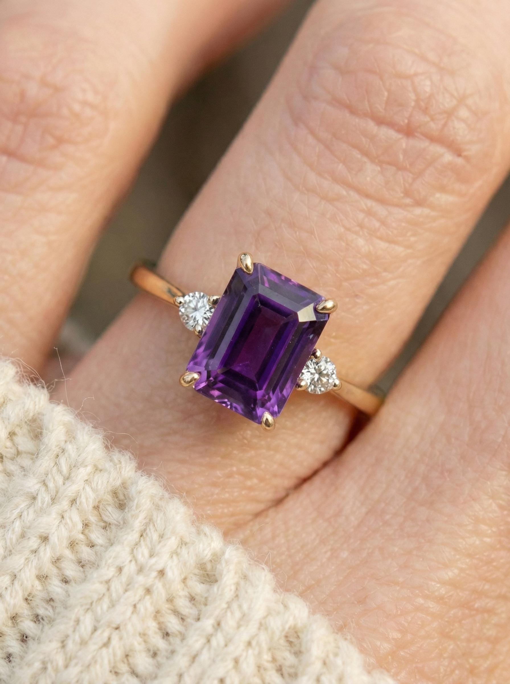 1.75ct Amethyst Ring, Emerald Cut Amethyst Ring, 14K Gold Statement Ring, Certified Stone Ring, February Birthstone