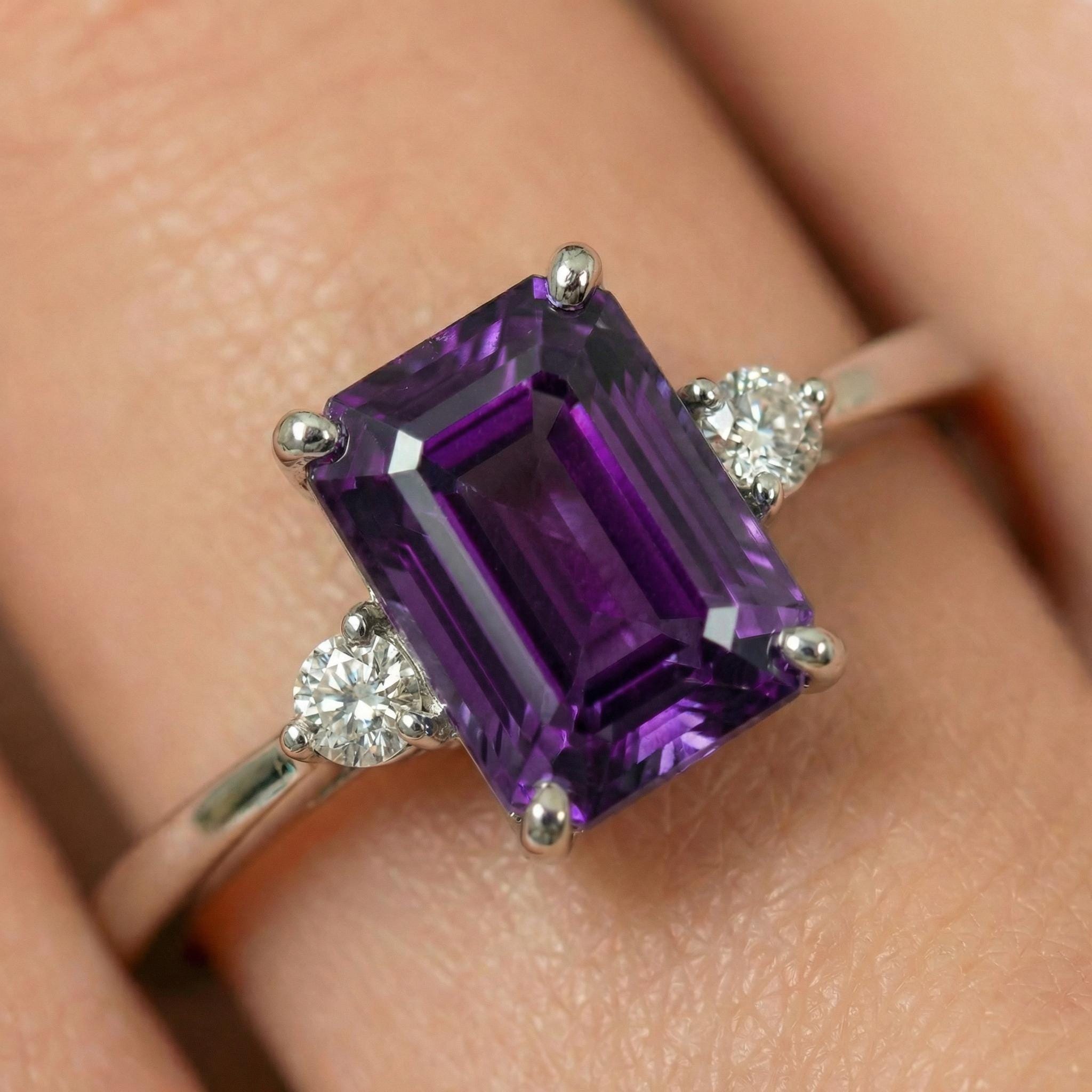1.75ct Amethyst Ring, Emerald Cut Amethyst Ring, 14K Gold Statement Ring, Certified Stone Ring, February Birthstone