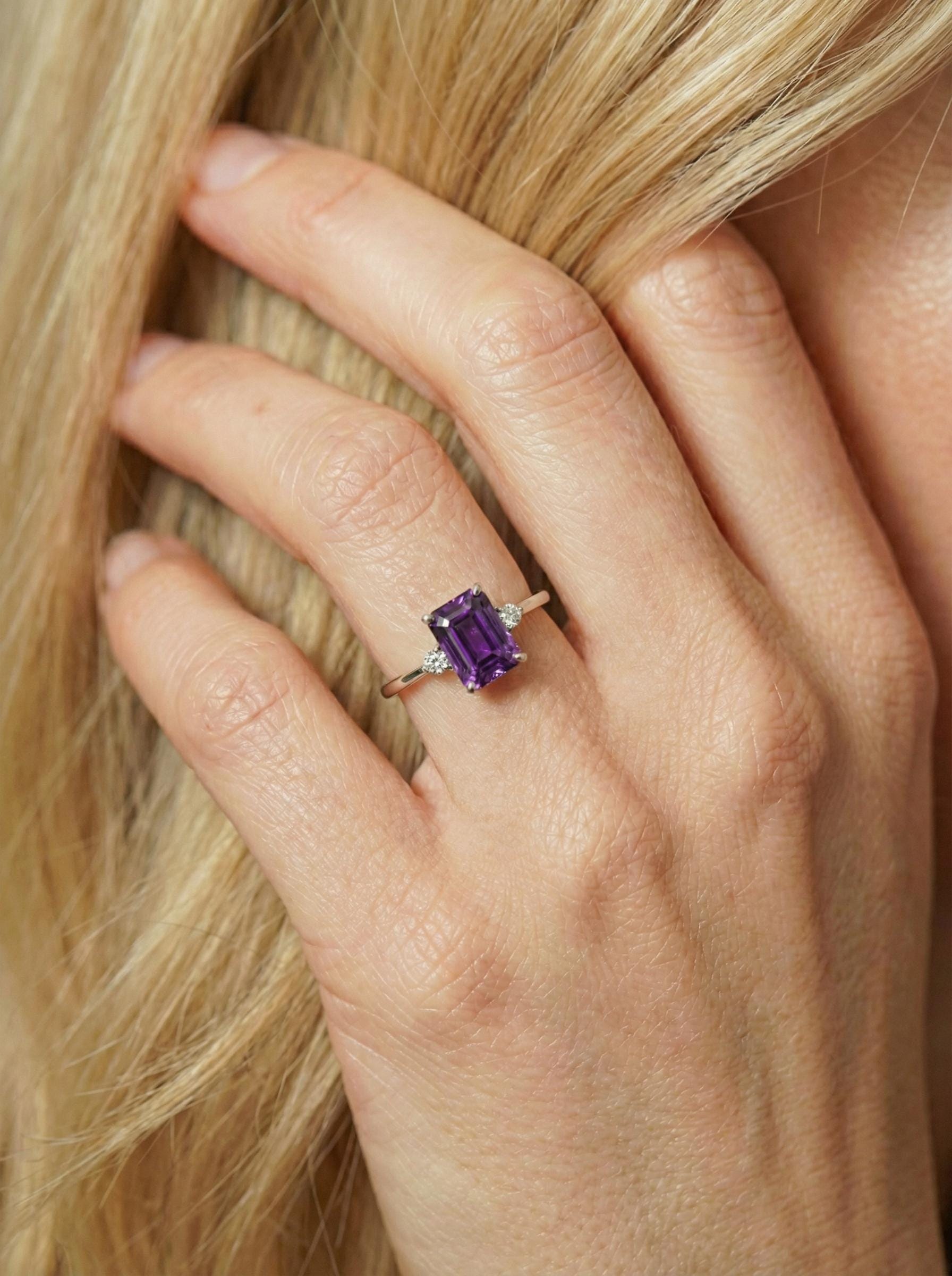 1.75ct Amethyst Ring, Emerald Cut Amethyst Ring, 14K Gold Statement Ring, Certified Stone Ring, February Birthstone