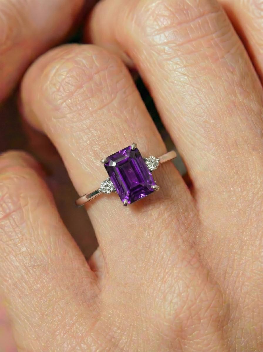 1.75ct Amethyst Ring, Emerald Cut Amethyst Ring, 14K Gold Statement Ring, Certified Stone Ring, February Birthstone