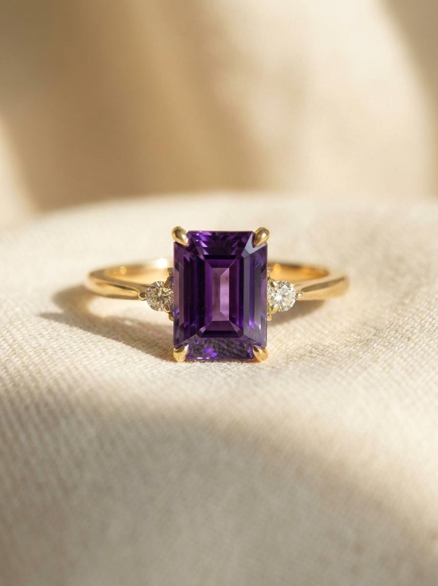 1.75ct Amethyst Ring, Emerald Cut Amethyst Ring, 14K Gold Statement Ring, Certified Stone Ring, February Birthstone