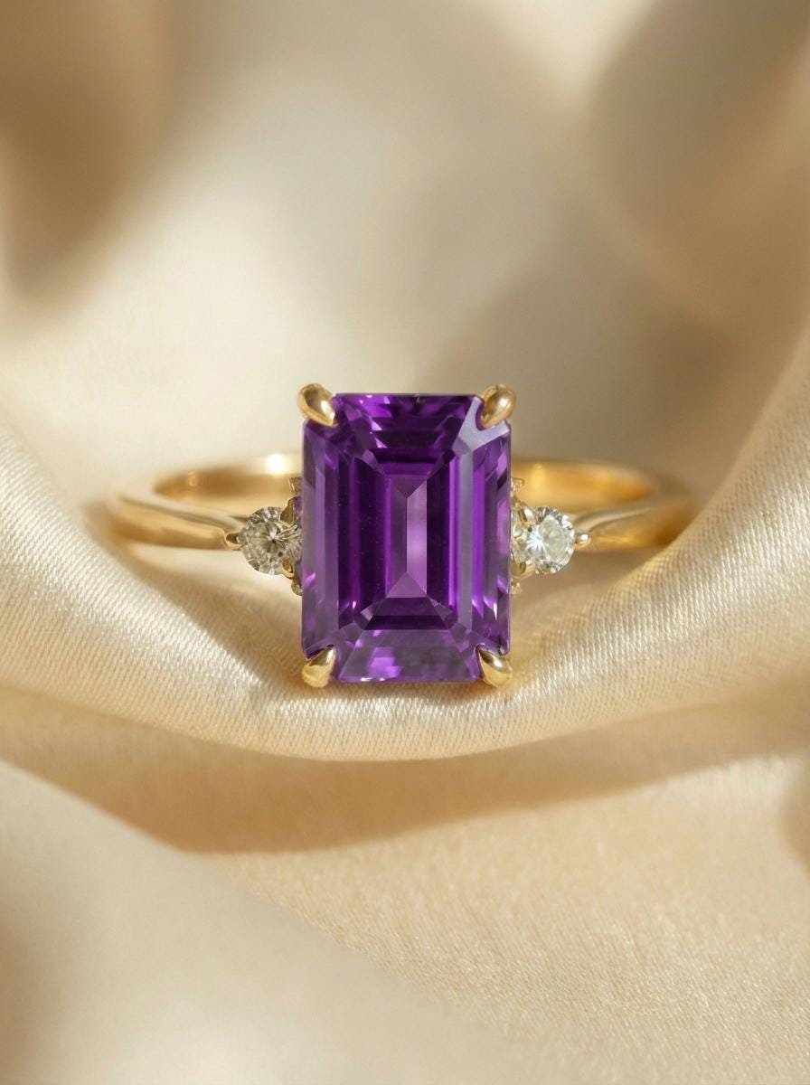 1.75ct Amethyst Ring, Emerald Cut Amethyst Ring, 14K Gold Statement Ring, Certified Stone Ring, February Birthstone