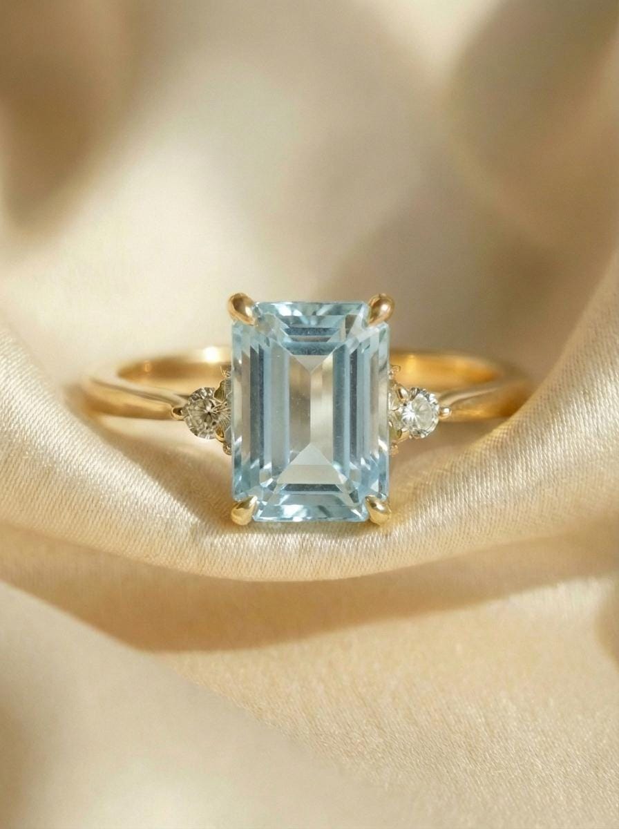 1.75ct Aquamarine Ring, Emerald Cut Aquamarine Ring, 14K Gold Statement Ring, Certified Stone Ring, March Birthstone