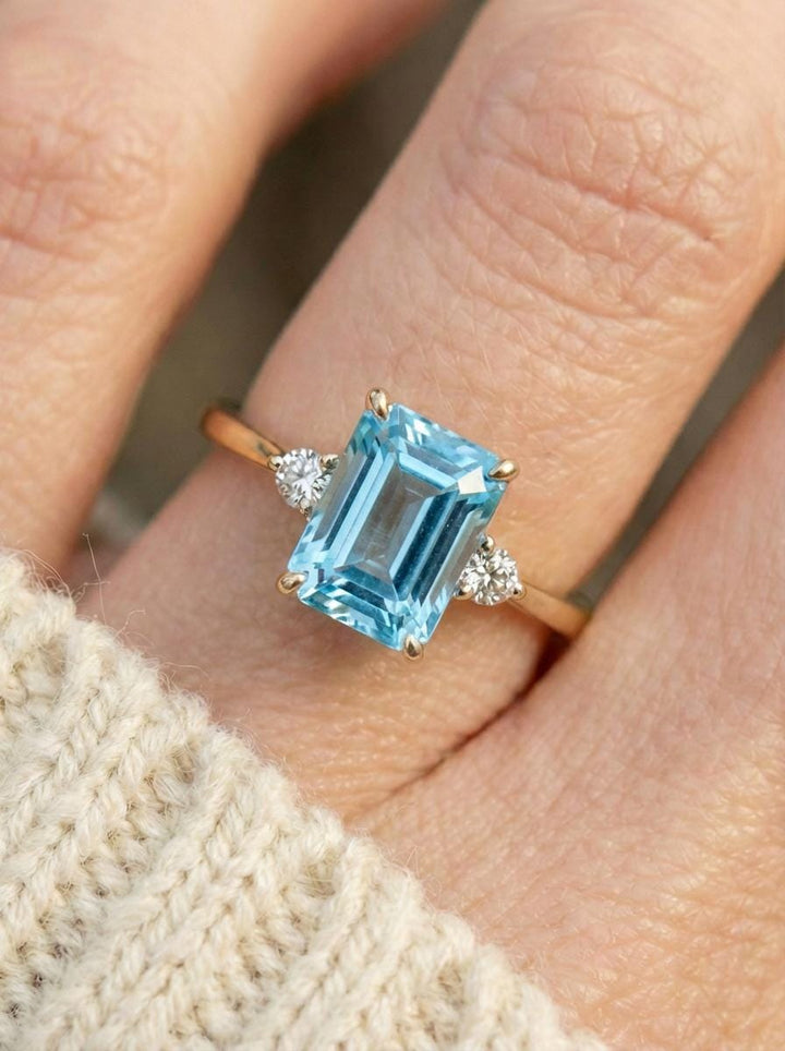1.75ct Aquamarine Ring, Emerald Cut Aquamarine Ring, 14K Gold Statement Ring, Certified Stone Ring, March Birthstone