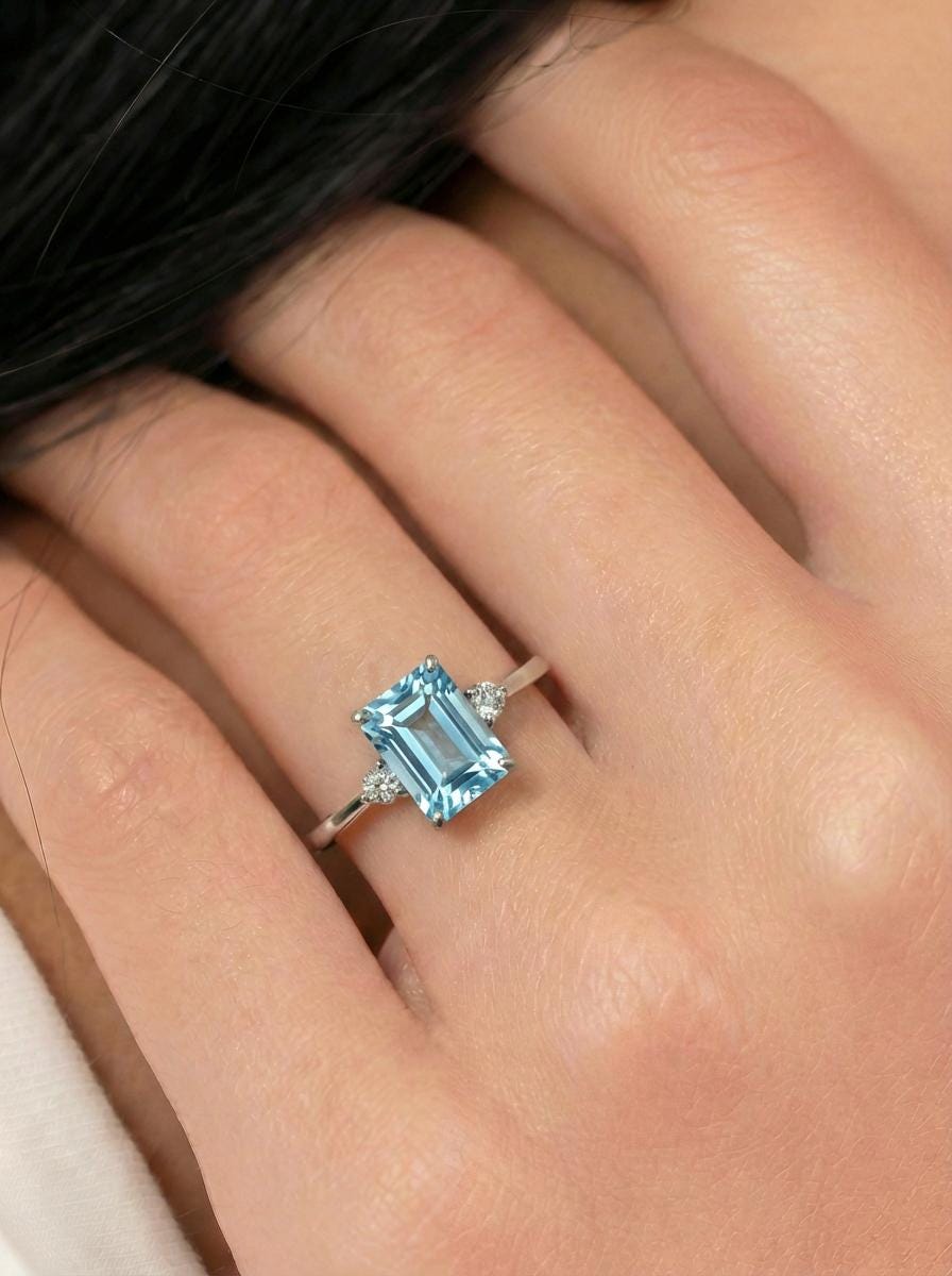 1.75ct Aquamarine Ring, Emerald Cut Aquamarine Ring, 14K Gold Statement Ring, Certified Stone Ring, March Birthstone