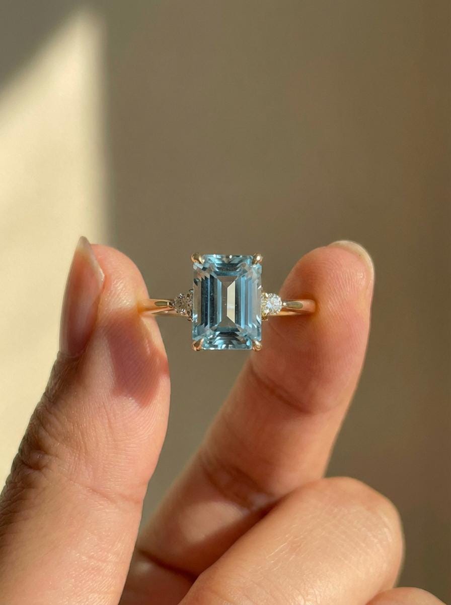 1.75ct Aquamarine Ring, Emerald Cut Aquamarine Ring, 14K Gold Statement Ring, Certified Stone Ring, March Birthstone