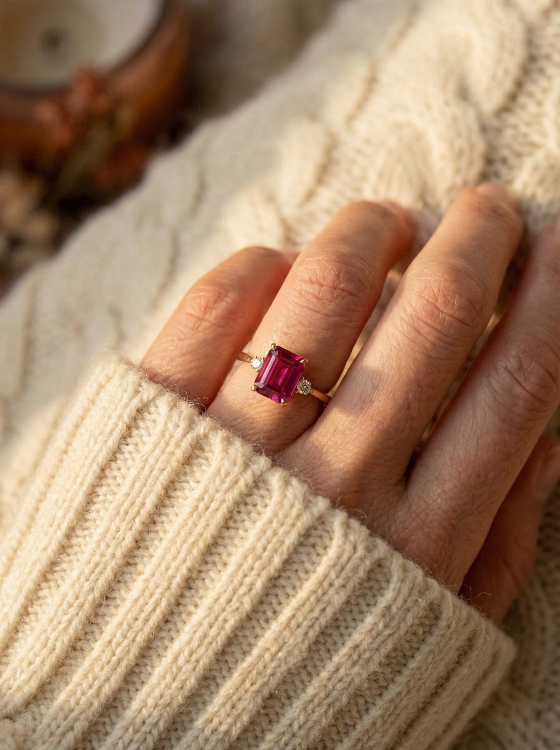 1.75ct Ruby Ring, Emerald Cut Ruby Ring, 14K Gold Statement Ring, Certified Stone Ring, July Birthstone