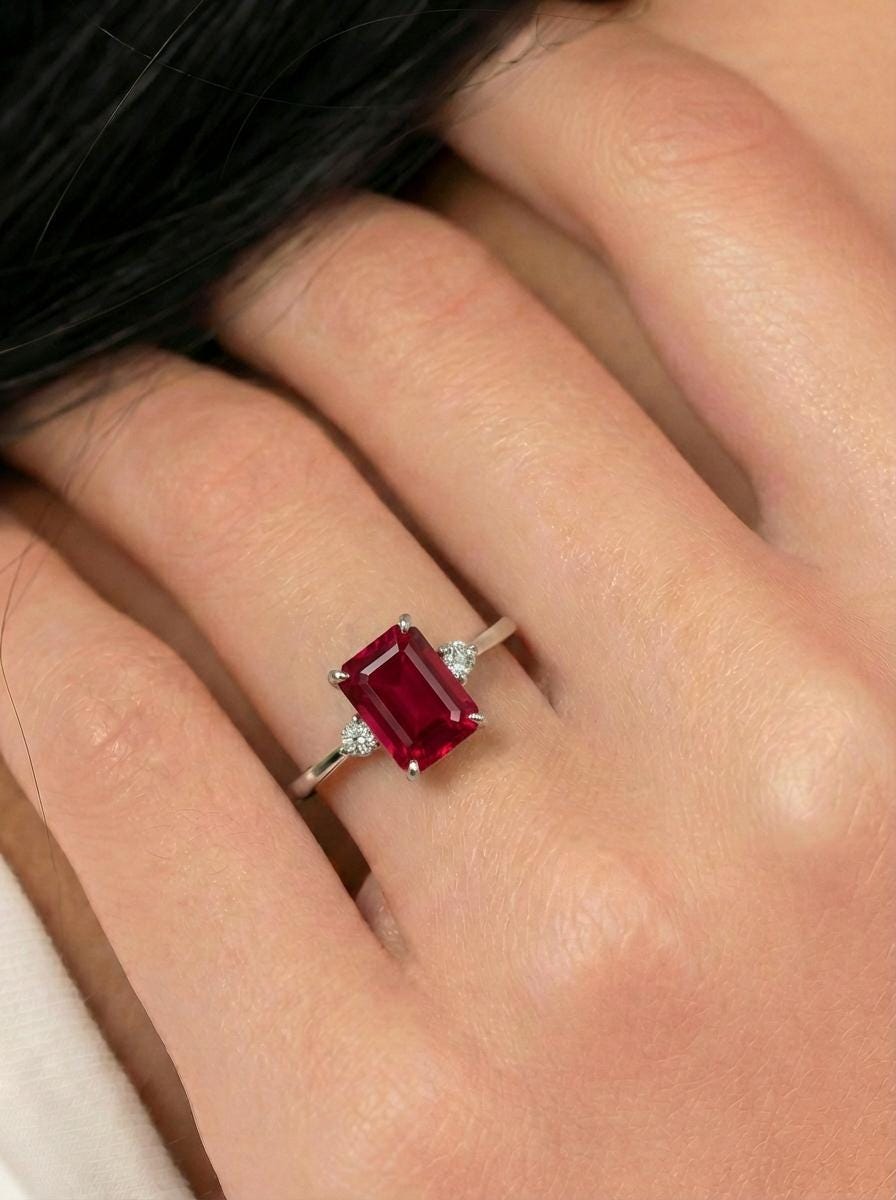 1.75ct Ruby Ring, Emerald Cut Ruby Ring, 14K Gold Statement Ring, Certified Stone Ring, July Birthstone