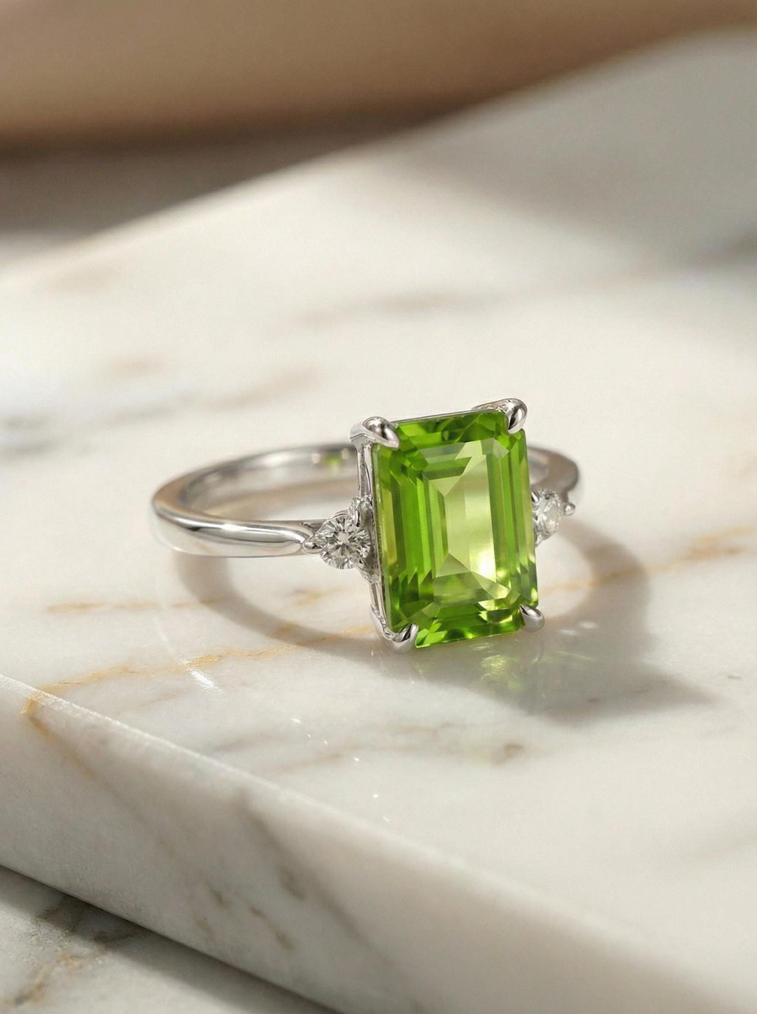 1.75ct Peridot Ring, Emerald Cut Peridot Ring, 14K Gold Statement Ring, Certified Stone Ring, August Birthstone