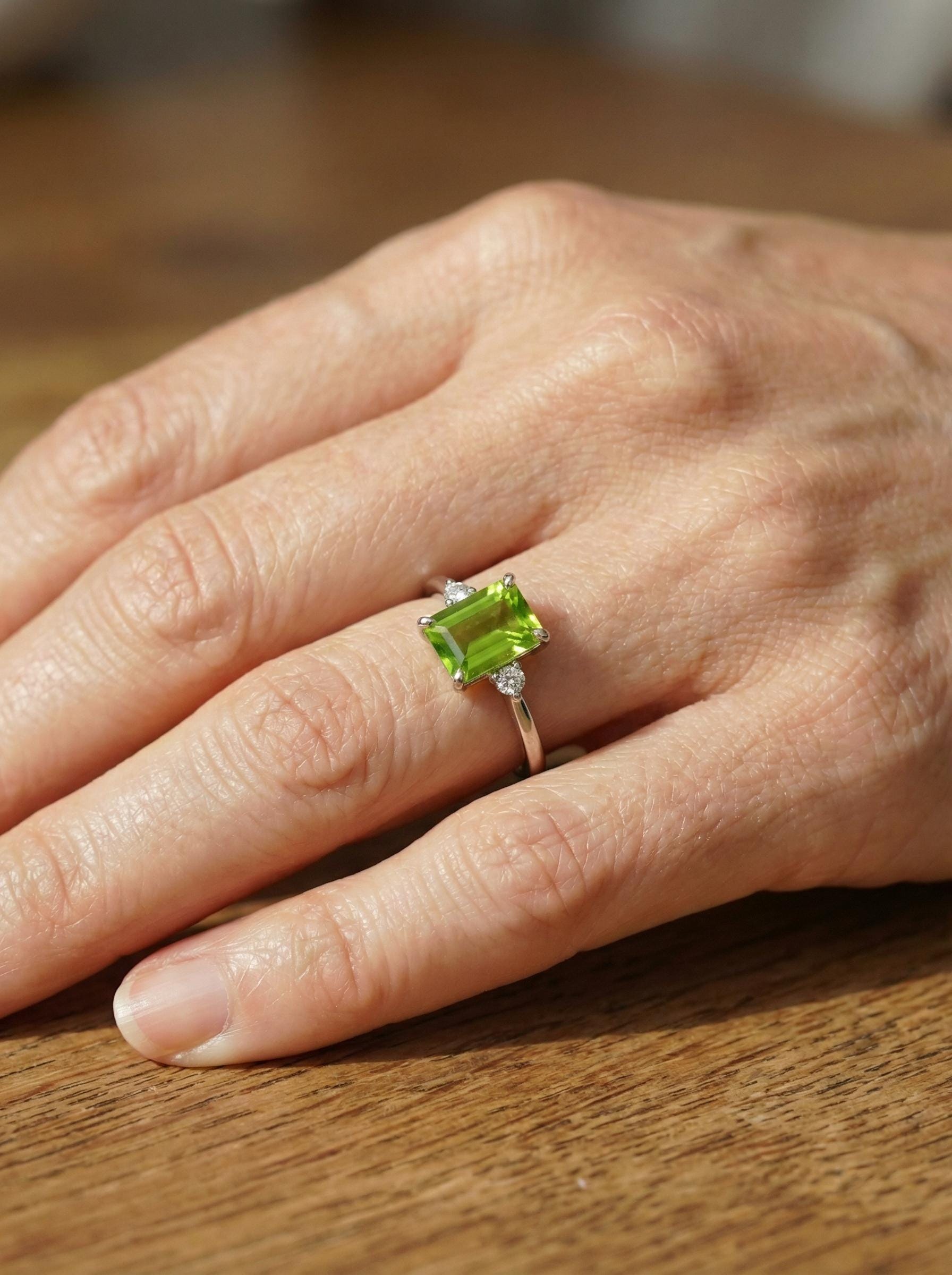 1.75ct Peridot Ring, Emerald Cut Peridot Ring, 14K Gold Statement Ring, Certified Stone Ring, August Birthstone