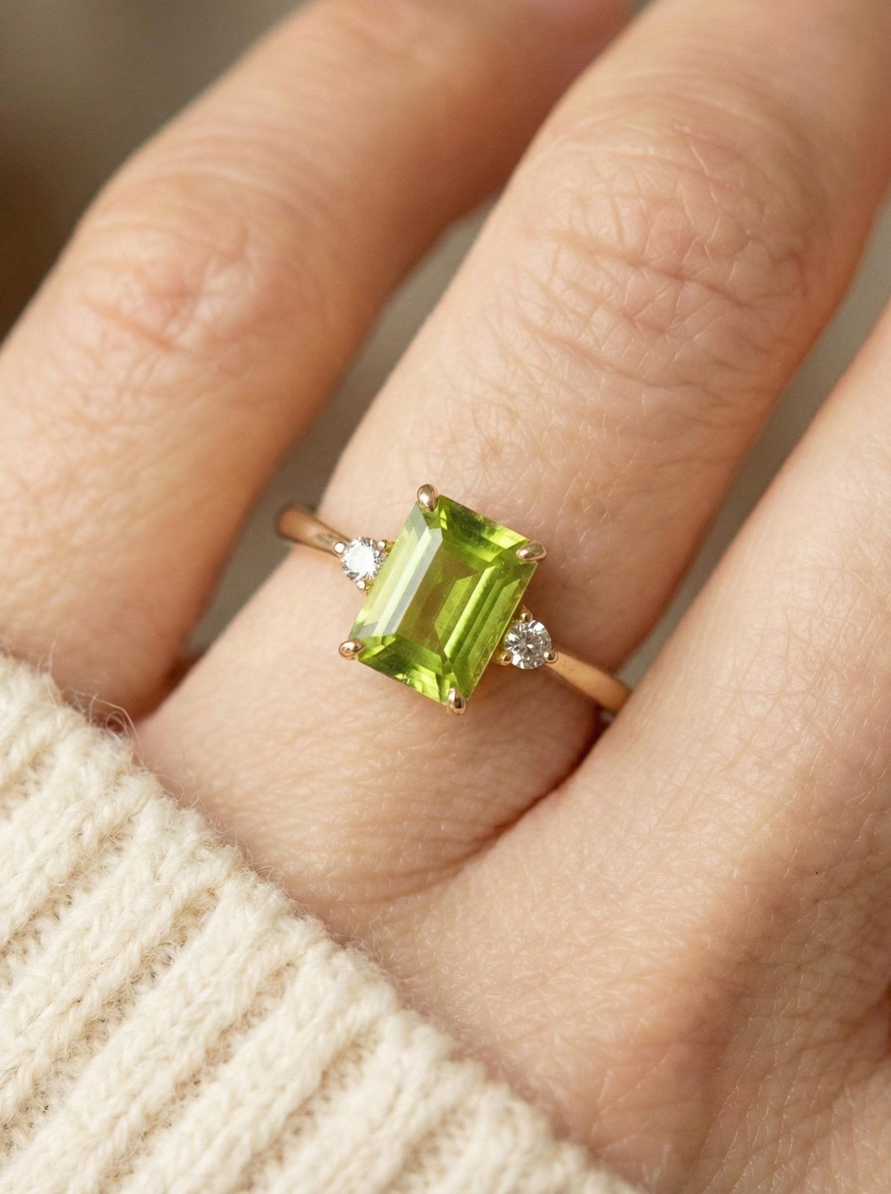 1.75ct Peridot Ring, Emerald Cut Peridot Ring, 14K Gold Statement Ring, Certified Stone Ring, August Birthstone