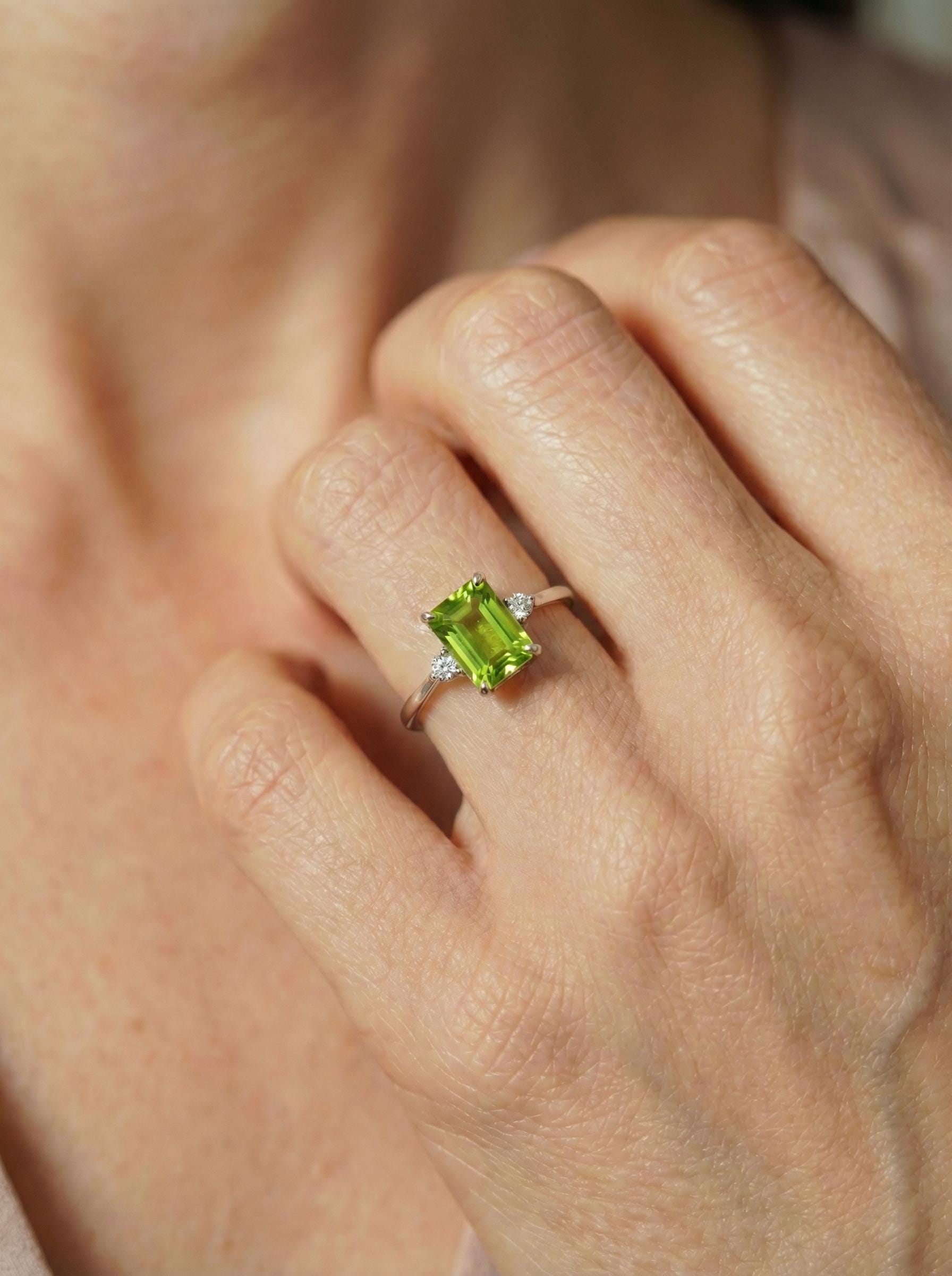 1.75ct Peridot Ring, Emerald Cut Peridot Ring, 14K Gold Statement Ring, Certified Stone Ring, August Birthstone