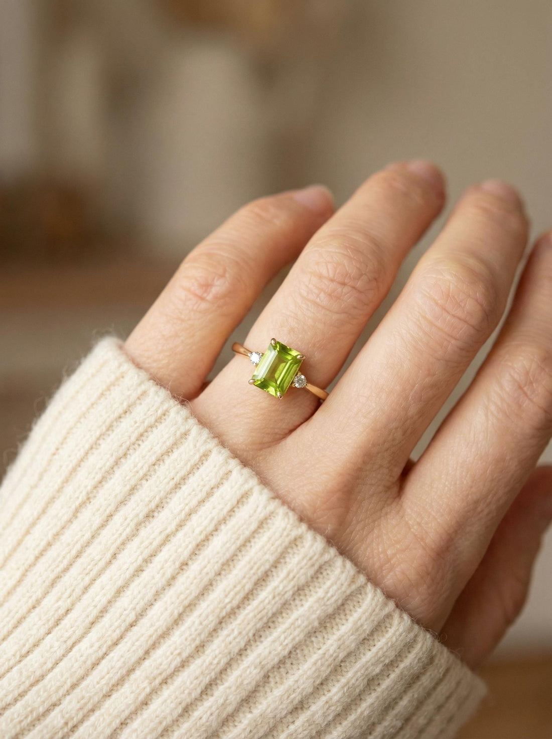 1.75ct Peridot Ring, Emerald Cut Peridot Ring, 14K Gold Statement Ring, Certified Stone Ring, August Birthstone