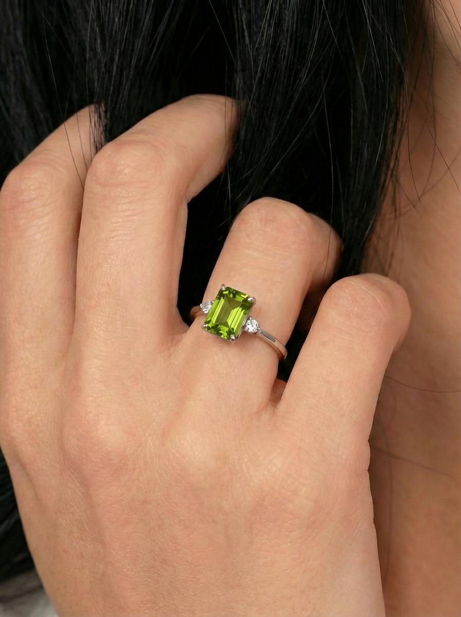 1.75ct Peridot Ring, Emerald Cut Peridot Ring, 14K Gold Statement Ring, Certified Stone Ring, August Birthstone