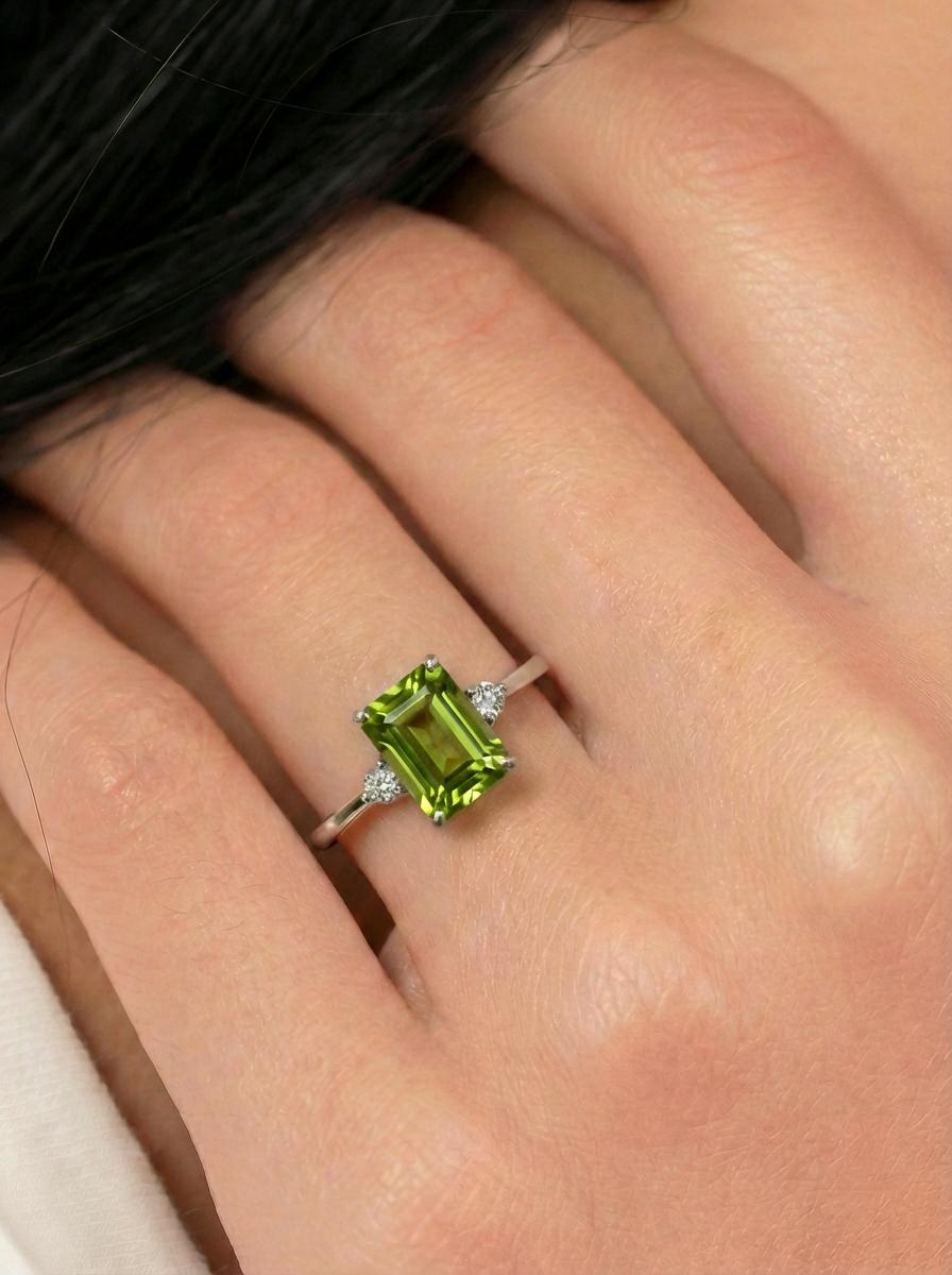 1.75ct Peridot Ring, Emerald Cut Peridot Ring, 14K Gold Statement Ring, Certified Stone Ring, August Birthstone