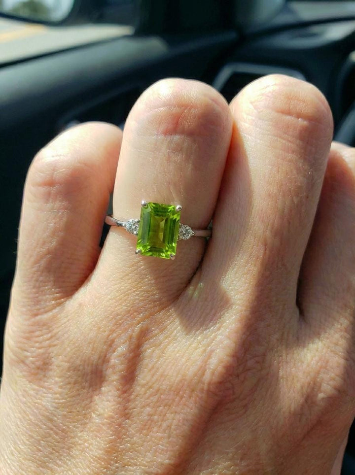 1.75ct Peridot Ring, Emerald Cut Peridot Ring, 14K Gold Statement Ring, Certified Stone Ring, August Birthstone