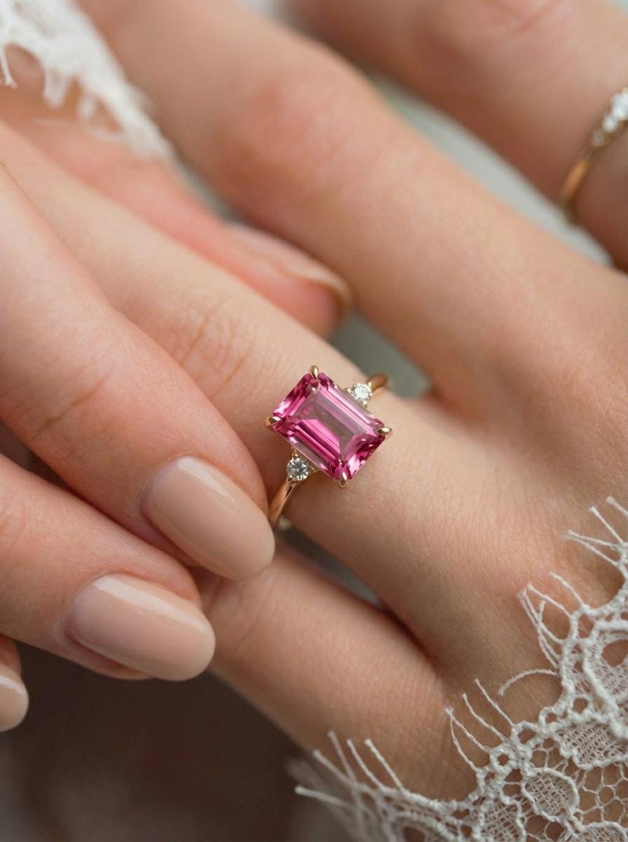 1.75ct Pink Tourmaline Ring, Emerald Cut Tourmaline Ring, 14K Gold Statement Ring, Certified Stone Ring, October Birthstone