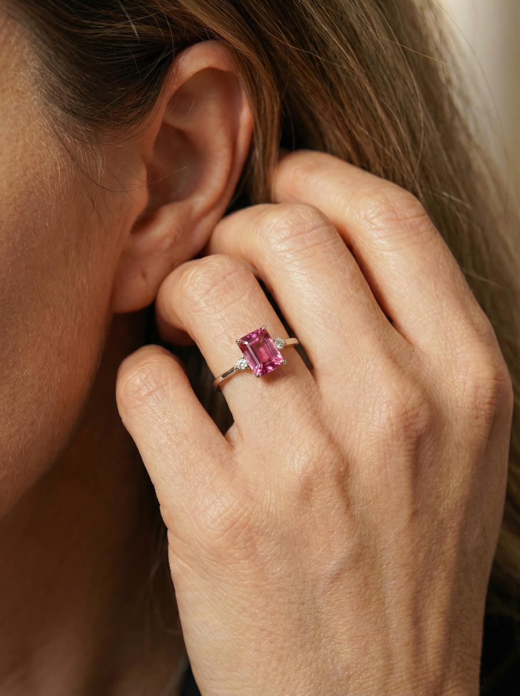 1.75ct Pink Tourmaline Ring, Emerald Cut Tourmaline Ring, 14K Gold Statement Ring, Certified Stone Ring, October Birthstone