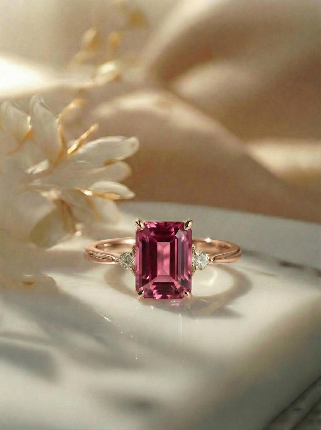 1.75ct Pink Tourmaline Ring, Emerald Cut Tourmaline Ring, 14K Gold Statement Ring, Certified Stone Ring, October Birthstone