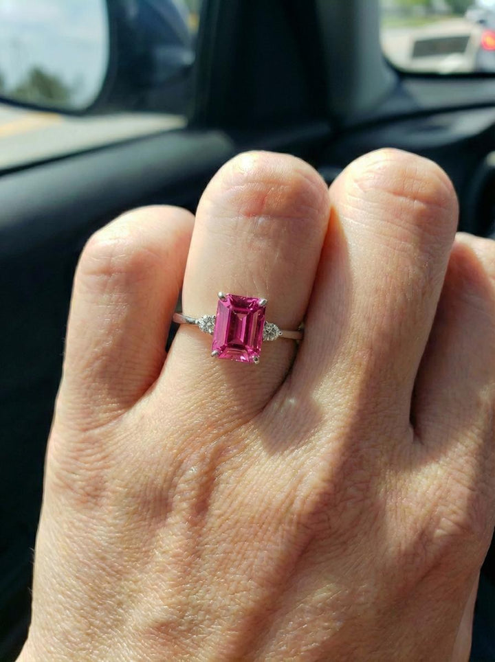 1.75ct Pink Tourmaline Ring, Emerald Cut Tourmaline Ring, 14K Gold Statement Ring, Certified Stone Ring, October Birthstone
