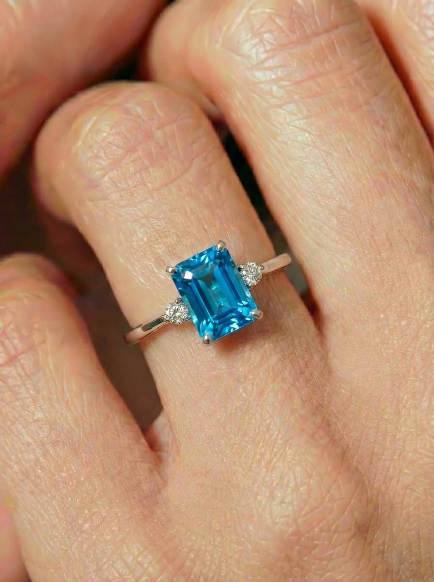 1.75ct Blue Zircon Ring, Emerald Cut Blue Zircon Ring, 14K Gold Statement Ring, Certified Stone Ring, December Birthstone