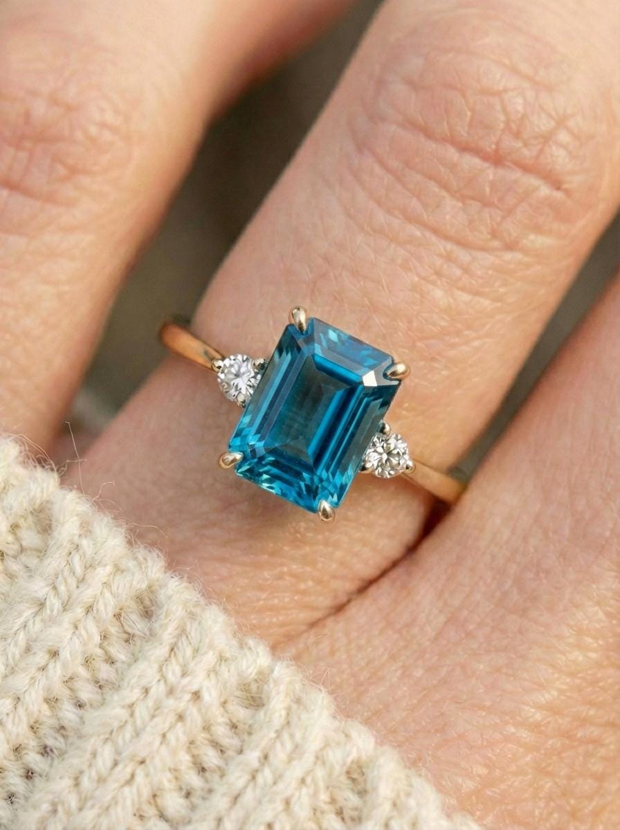 1.75ct Blue Zircon Ring, Emerald Cut Blue Zircon Ring, 14K Gold Statement Ring, Certified Stone Ring, December Birthstone