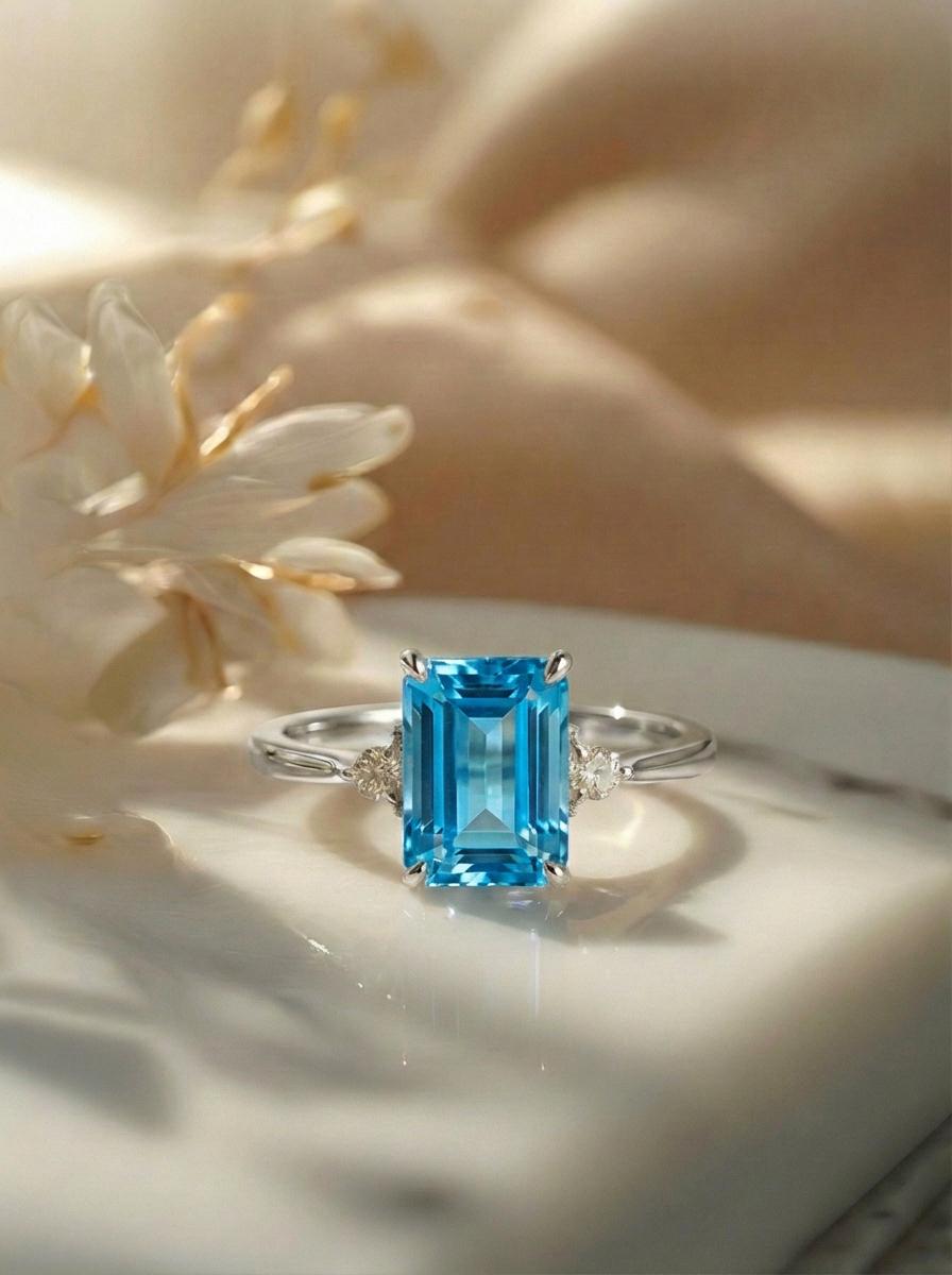 1.75ct Blue Zircon Ring, Emerald Cut Blue Zircon Ring, 14K Gold Statement Ring, Certified Stone Ring, December Birthstone