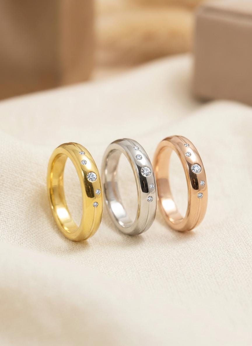 Moissanite Flush Set Band, Celestial Star Ring, Dainty Space Inspired Stacking Ring, Push Present Gift for Her