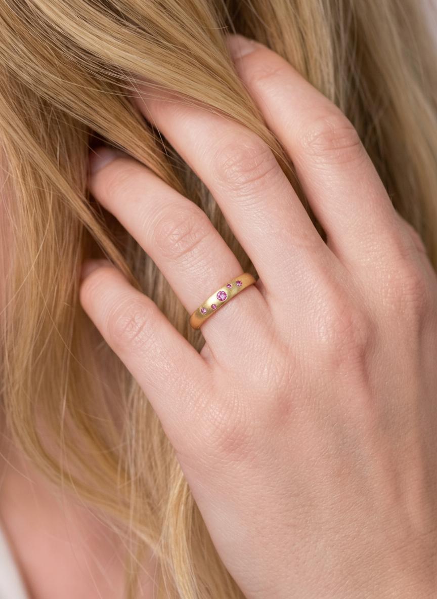 Push Present Pink Tourmaline Ring Birthstone Band, Celestial Flush Set Dome Ring, Scattered Gemstone Mother's Jewelry, Custom Silver Ring