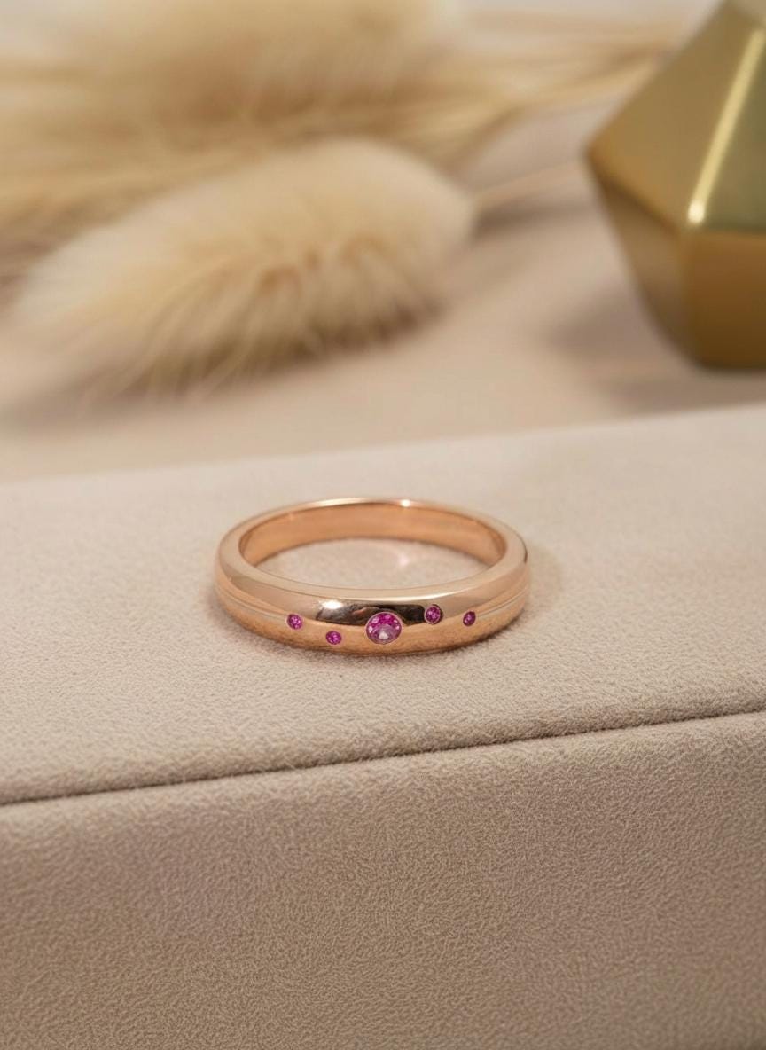 Push Present Pink Tourmaline Ring Birthstone Band, Celestial Flush Set Dome Ring, Scattered Gemstone Mother's Jewelry, Custom Silver Ring