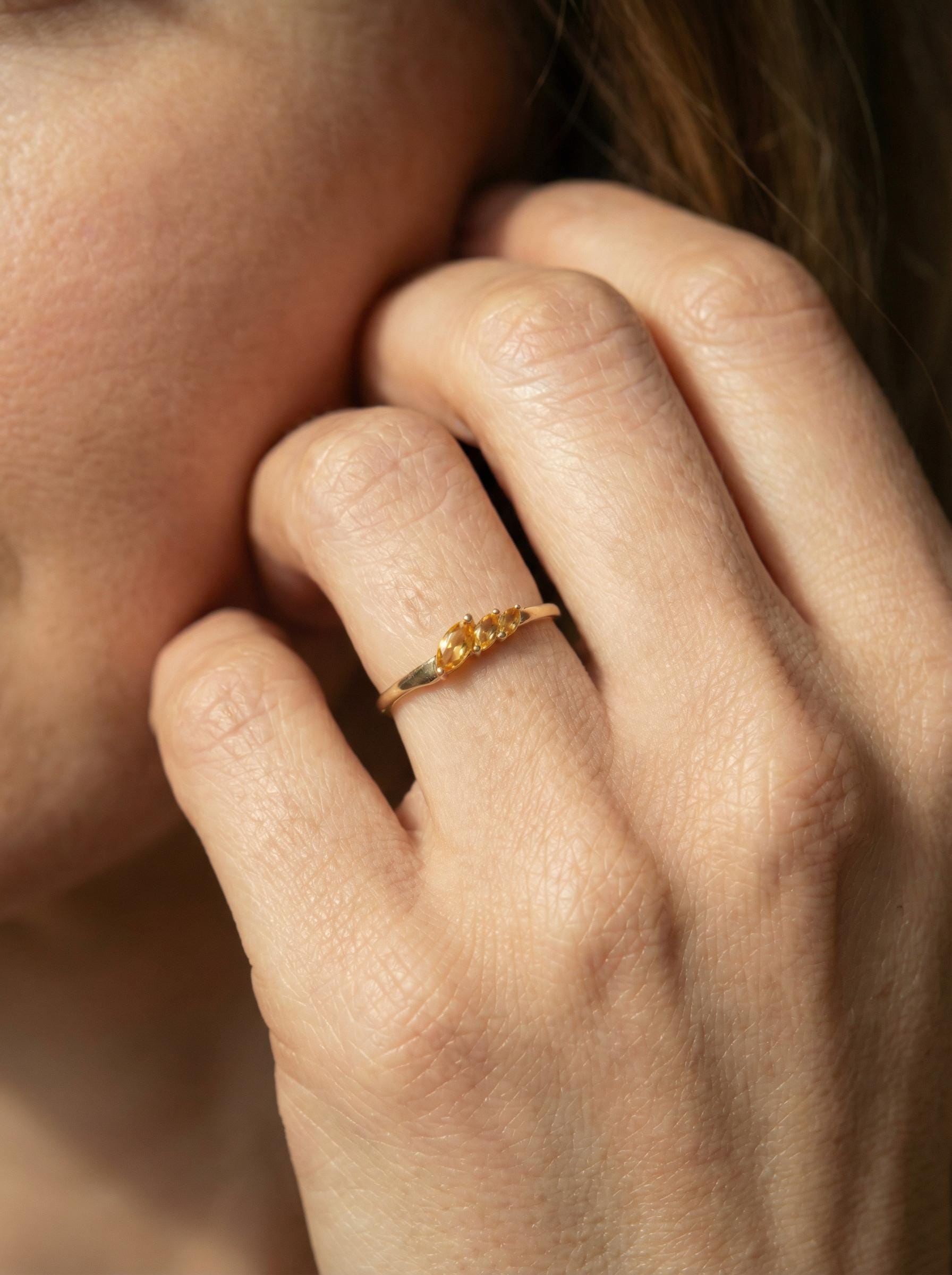 Citrine Curved Wedding Band, 18K Gold Plated Marquise Stacking Ring for Women, November Birthstone, Promise Ring Gift for Her