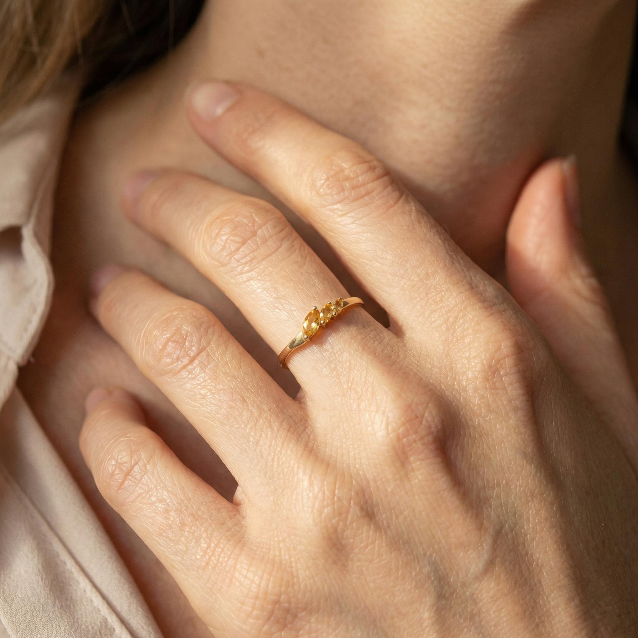 Citrine Curved Wedding Band, 18K Gold Plated Marquise Stacking Ring for Women, November Birthstone, Promise Ring Gift for Her