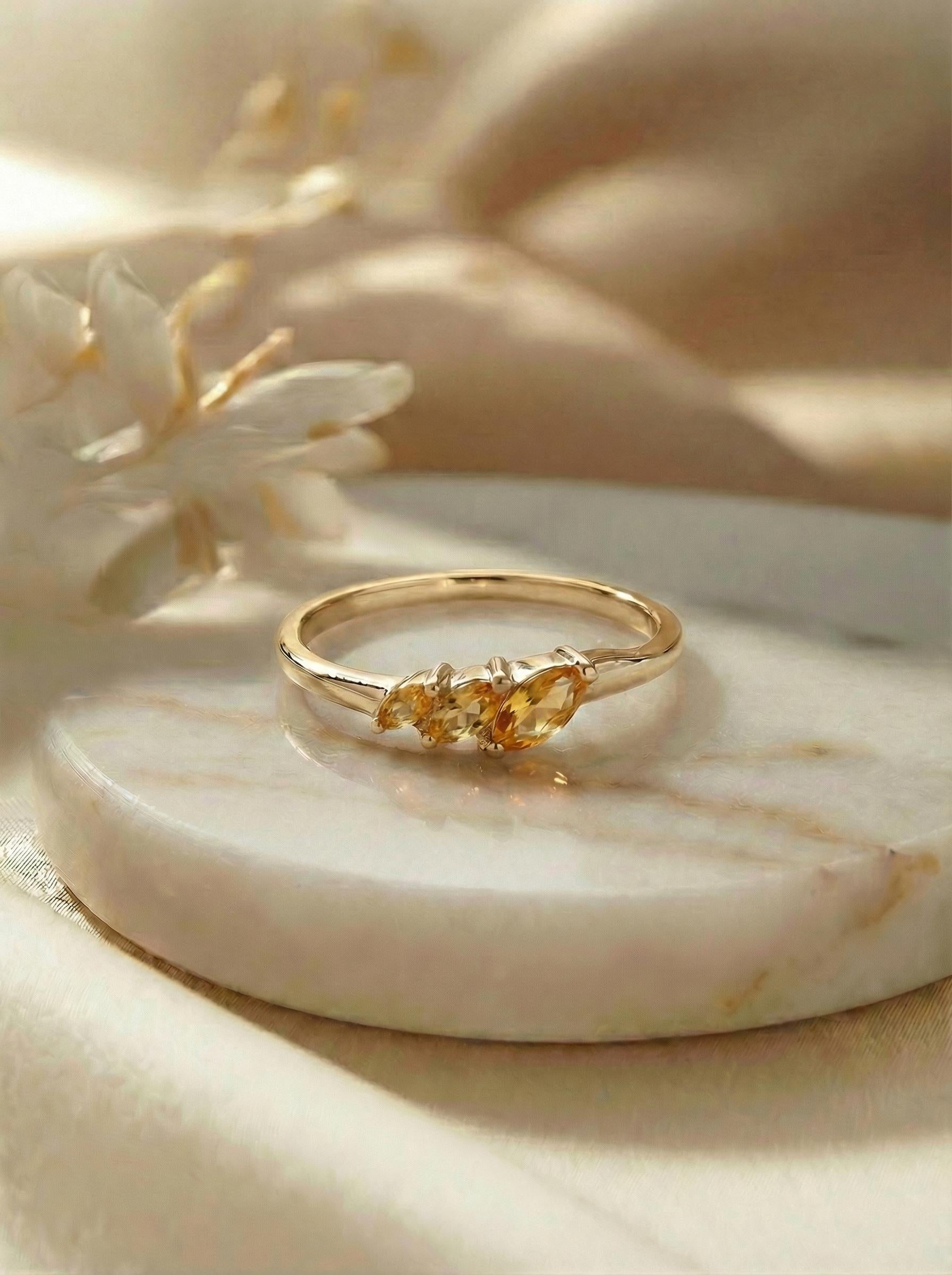 Citrine Curved Wedding Band, 18K Gold Plated Marquise Stacking Ring for Women, November Birthstone, Promise Ring Gift for Her