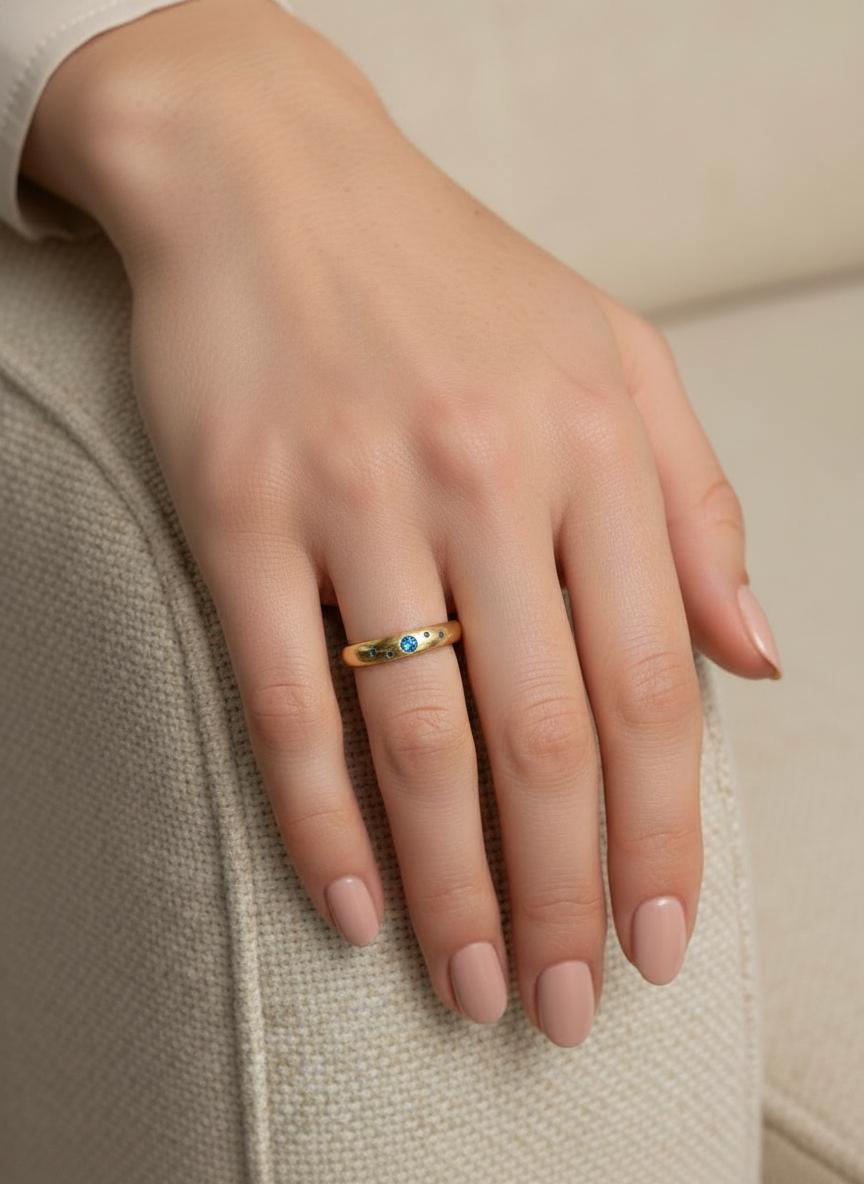 Blue Zircon Celestial Wedding Band, December Birthstone Ring, Dainty Gemstone Stacking Band, Push Present Birthday Gift for Her