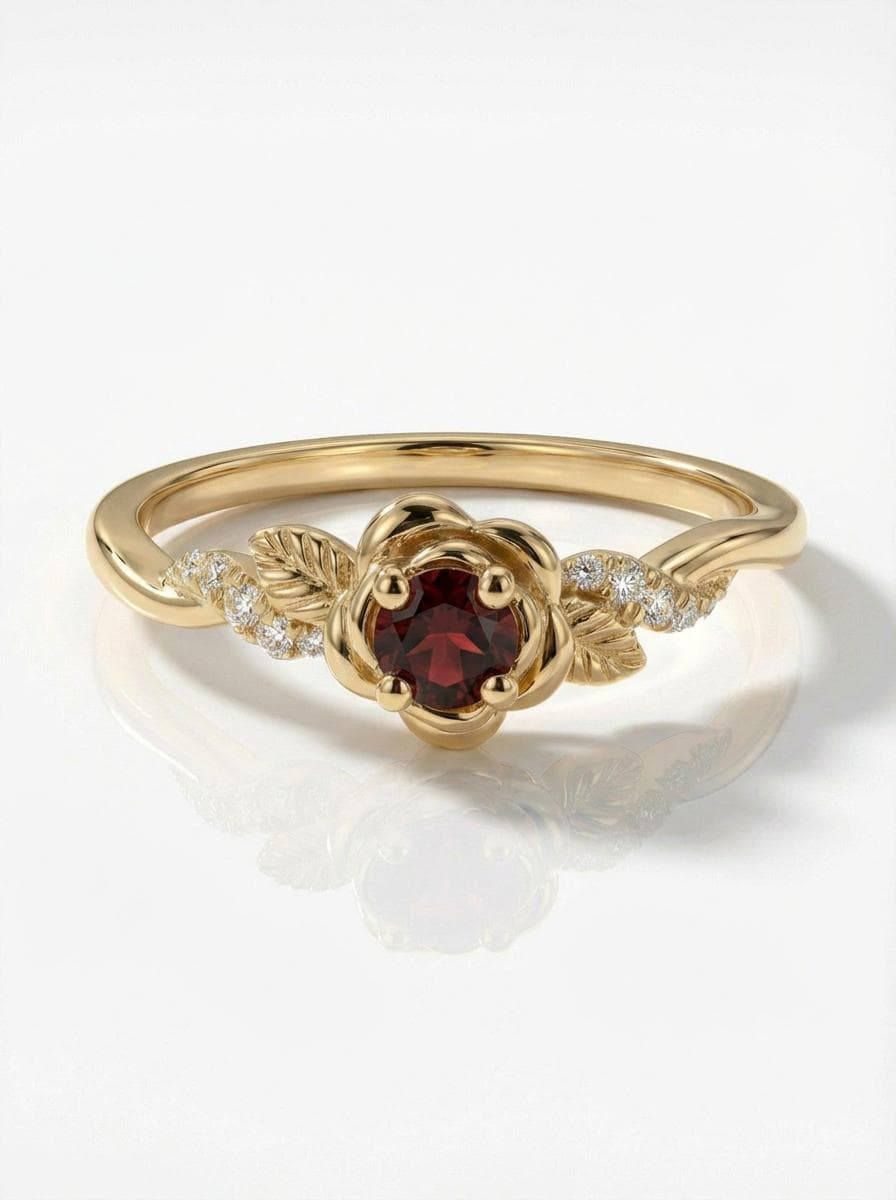 Flower Garnet Engagement Ring, Floral Twist Promise Ring for Women, Nature Inspired Leaf Wedding Ring, January Birthstone