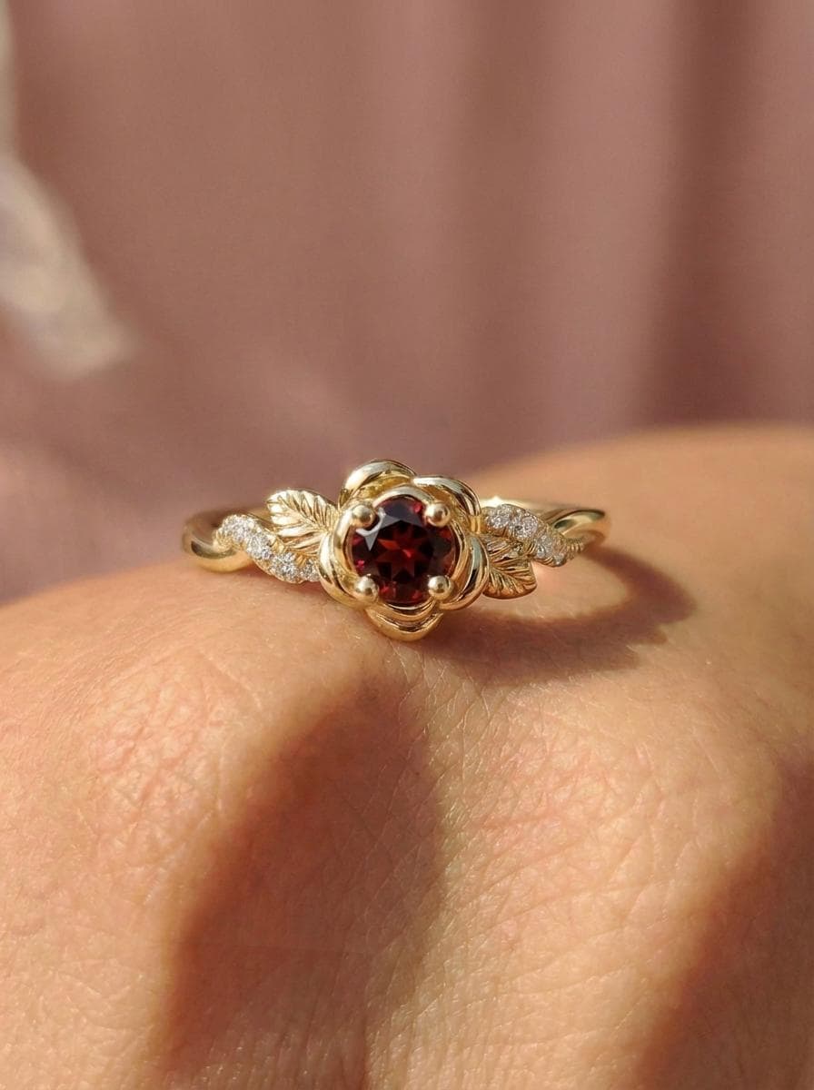 Flower Garnet Engagement Ring, Floral Twist Promise Ring for Women, Nature Inspired Leaf Wedding Ring, January Birthstone