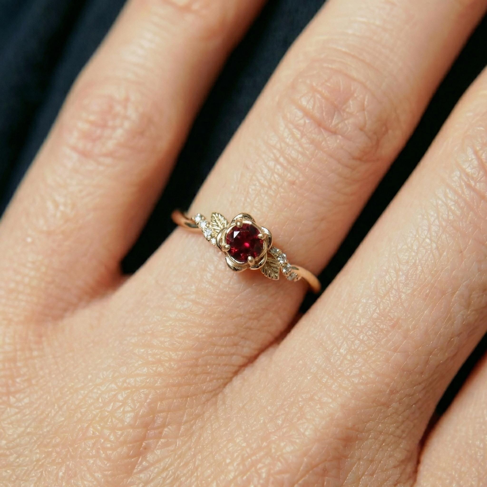 Flower Garnet Engagement Ring, Floral Twist Promise Ring for Women, Nature Inspired Leaf Wedding Ring, January Birthstone