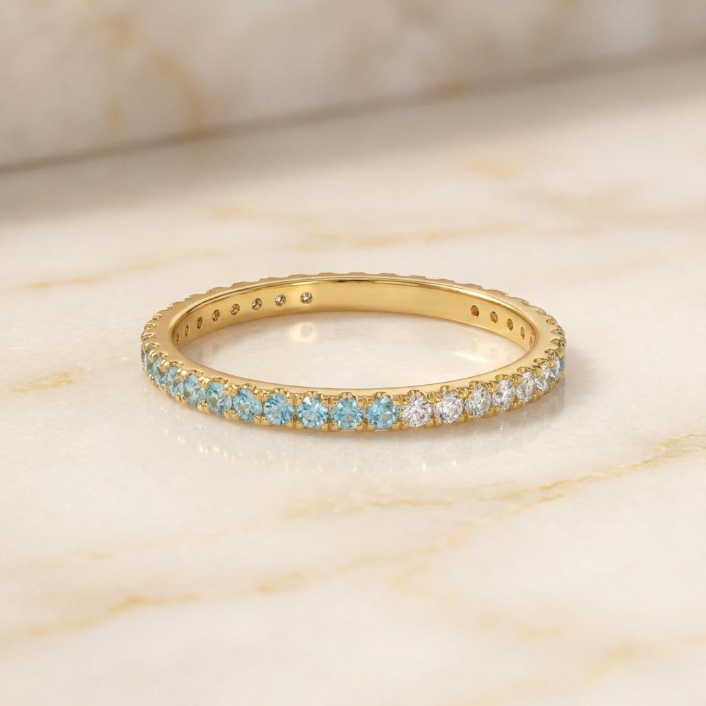 Aquamarine Diamond Band, March Birthstones, Aquamarine Full Eternity Wedding Band, Diamond Wedding Ring, Anniversary Rings