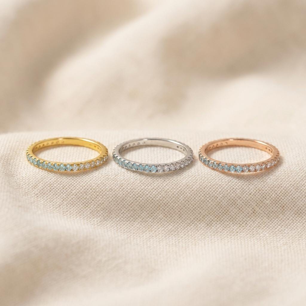 Aquamarine Diamond Band, March Birthstones, Aquamarine Full Eternity Wedding Band, Diamond Wedding Ring, Anniversary Rings